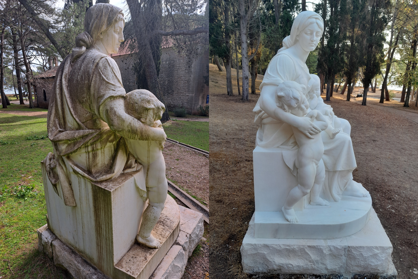 Conservation and restoration work on the Caritas sculpture.
